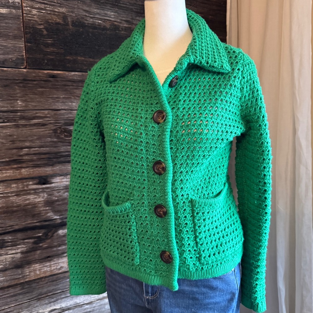 Ann Taylor Petite Green‎ Crochet Knit Cardigan Jacket Fits Small